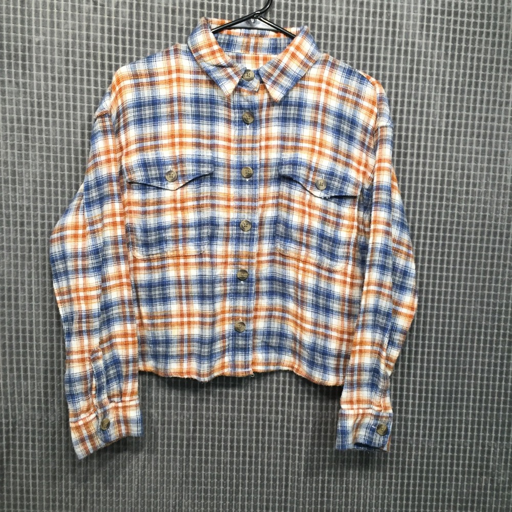 American Eagle Womens Flannel Shirt S Blue Orange Excellent Cropped Plaid Button